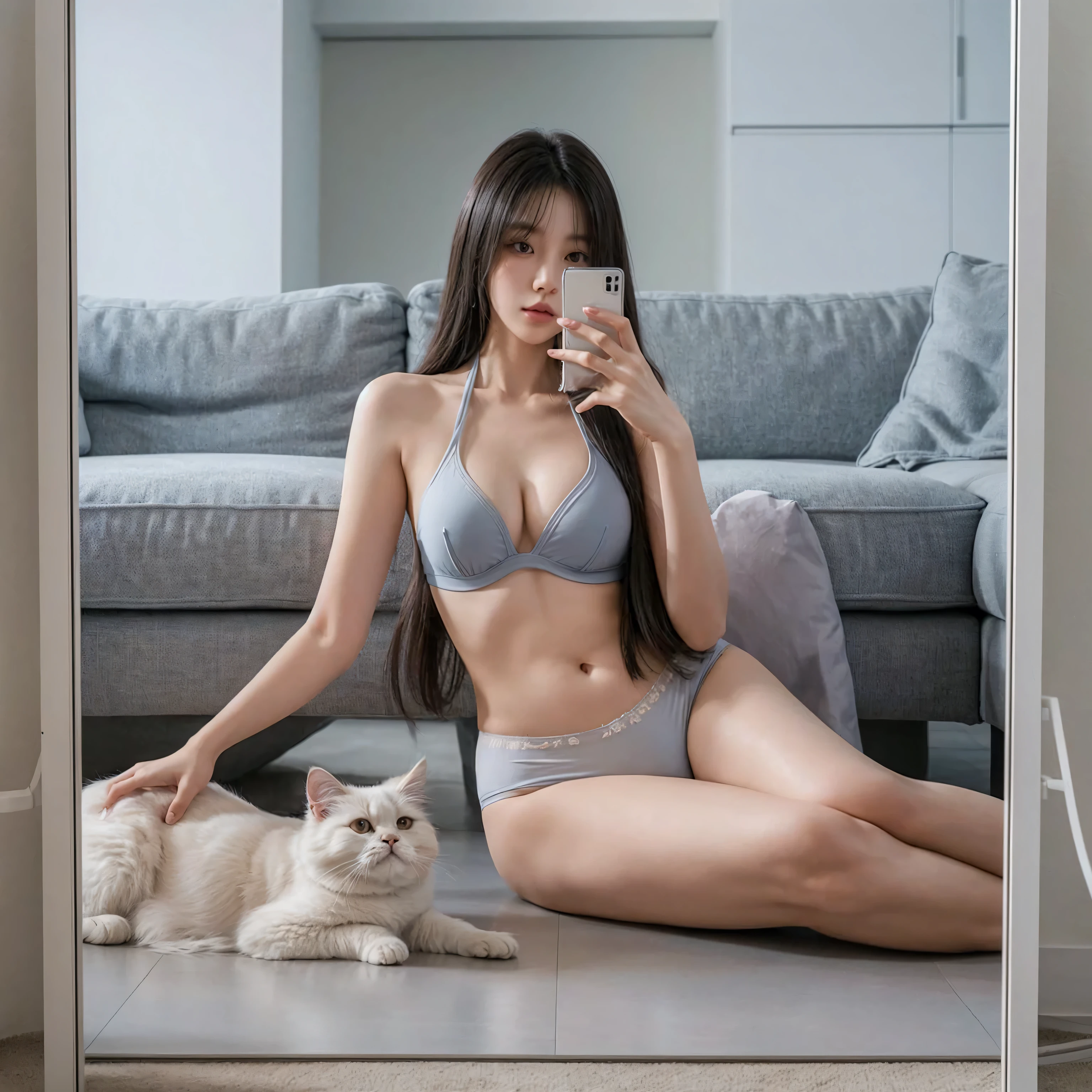 A stunning photorealistic portrait of a young Korean woman, sitting on the floor of a modern, minimalist living room. Her long, straight dark hair frames her face as she takes a mirror selfie, holding a smartphone. She is adorned in a light blue halter bra and light-colored panties, showcasing her curvy, large-sized chest. A graceful white Persian cat, possibly a Maltese, lays beside her, its paw gently touching her hand and its gaze locked on her. The room's clean, cozy atmosphere is reflected in the large mirror, emphasizing the sense of tranquility and harmony. The gray sofa and light-colored walls, paired with a white ceiling, create a serene backdrop for this intimate moment.