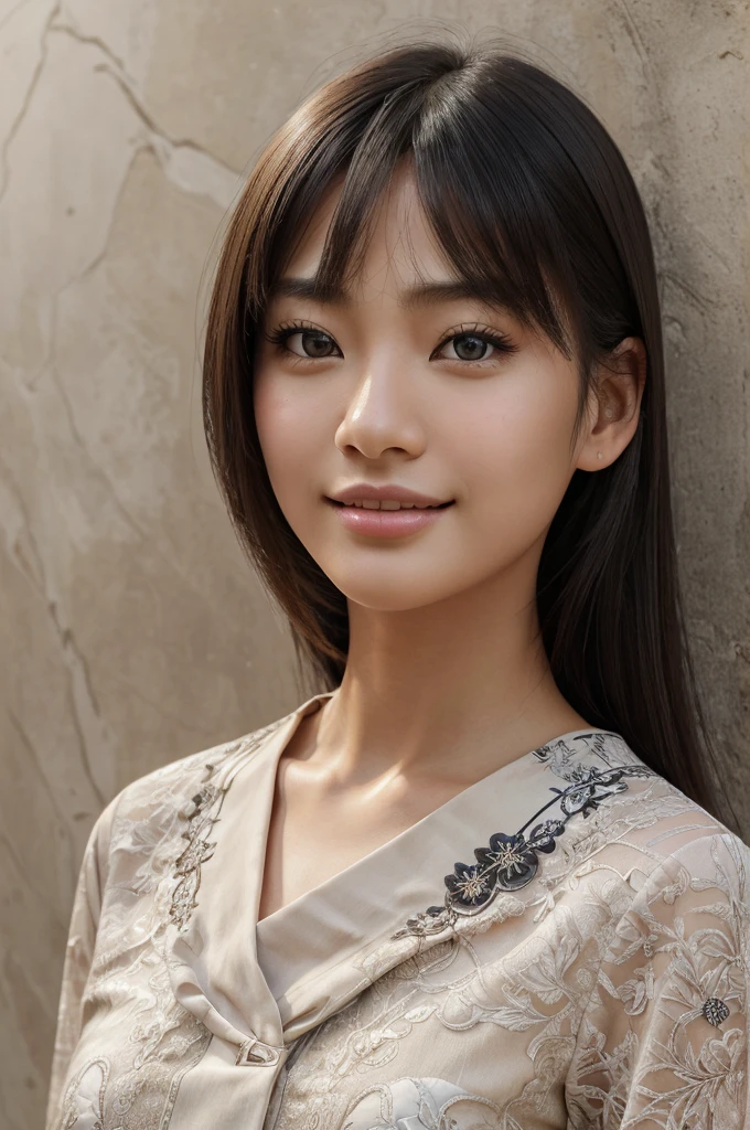 masterpiece, 1 beautiful girls, detaileds, Swollen eyes, top-quality, 超A high resolution, (Realistic: 1.4), OriginalPhotographs, 1Girl, light, a smile, japanes, Asian Beauty, Proper, very extremely beautiful, Young face, Beautiful skins, Slender, simple background, (A hyper-realistic), (illustratio), (hight resolution), (8k), (ighly detailed), (The best illustrations), (beautifully detailed eyes), (Ultra-detail), (wall-paper), (Detailed face), looking at the viewers, fine detailed, A detailed face、deep-shadows、Unobtrusive、pureerosfaceace_v1、Smile、46-point diagonal bangs、(Facing straight ahead)、Neat Clothing、Black colored eyes、