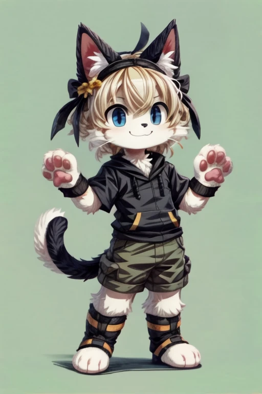score_9, score_8_up, score_7_up, with Short sleeves , fake animal ears, animal ears, cat ears, paw gloves, cat paws, paw pose, smile, standing, simple background