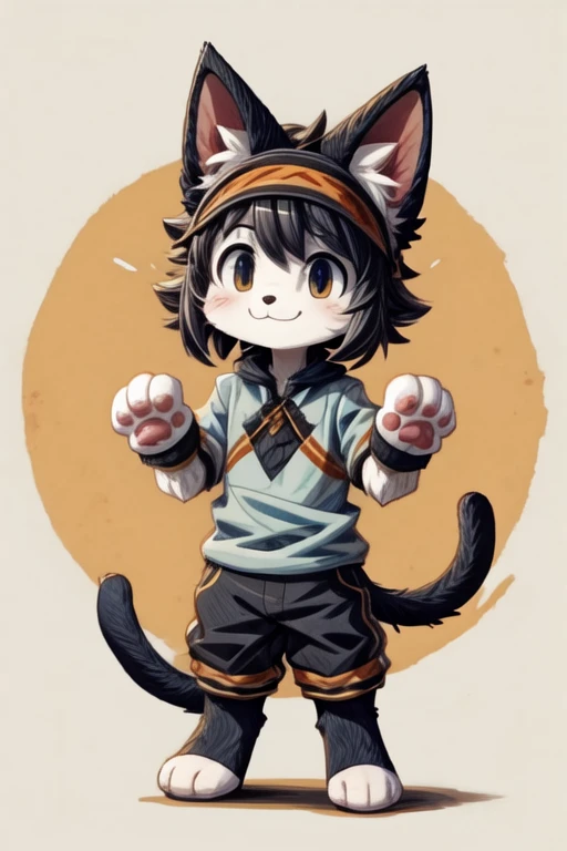 score_9, score_8_up, score_7_up, with Short sleeves , fake animal ears, animal ears, cat ears, paw gloves, cat paws, paw pose, smile, standing, simple background