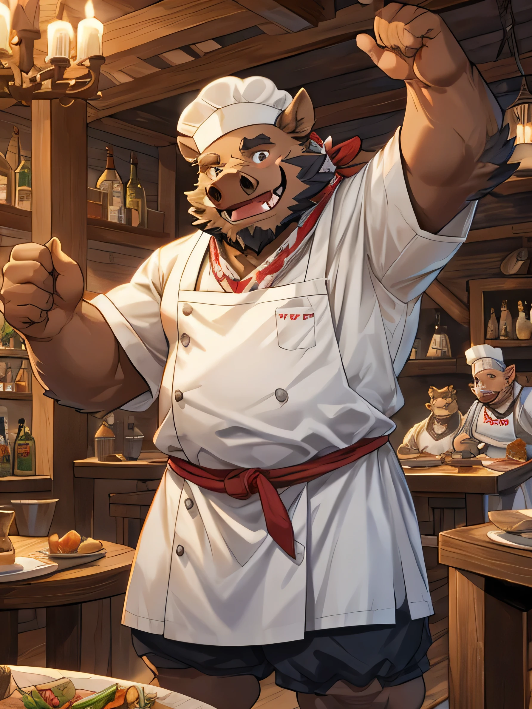 giant, Fat boar monster dressed as a chef., white gown, 1800s atmosphere, a shabby tavern, Wild boar monster face with friendly expression, warm expression, bright expression, white bandana, Hurrah pose cheering for victory, Boxer&#39;s gold championship belt on his waist