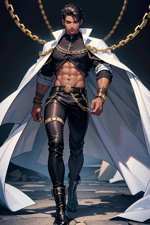 Full body image of a 17-year-old young man with dark skin, with 1,90 m tall and the power to control chains an athletic body. Ele tem cabelos blackws cacheados e uma faixa turbante em volta do cabelo, olhos blackws brilhantes. Your skin is black, blackw. camisa regata branca com blackw e um casaco por cima blackw com detalhes em branco e com um capuz, black pants with white seams at the knee, with chains, stylish black military boots full of belts and chains,