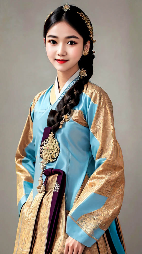 woman wearing dangui,waist up portrait,sweet smile,updo,extremely detailed clothes,masterpiece,8k,trending on pixiv,highest quality,