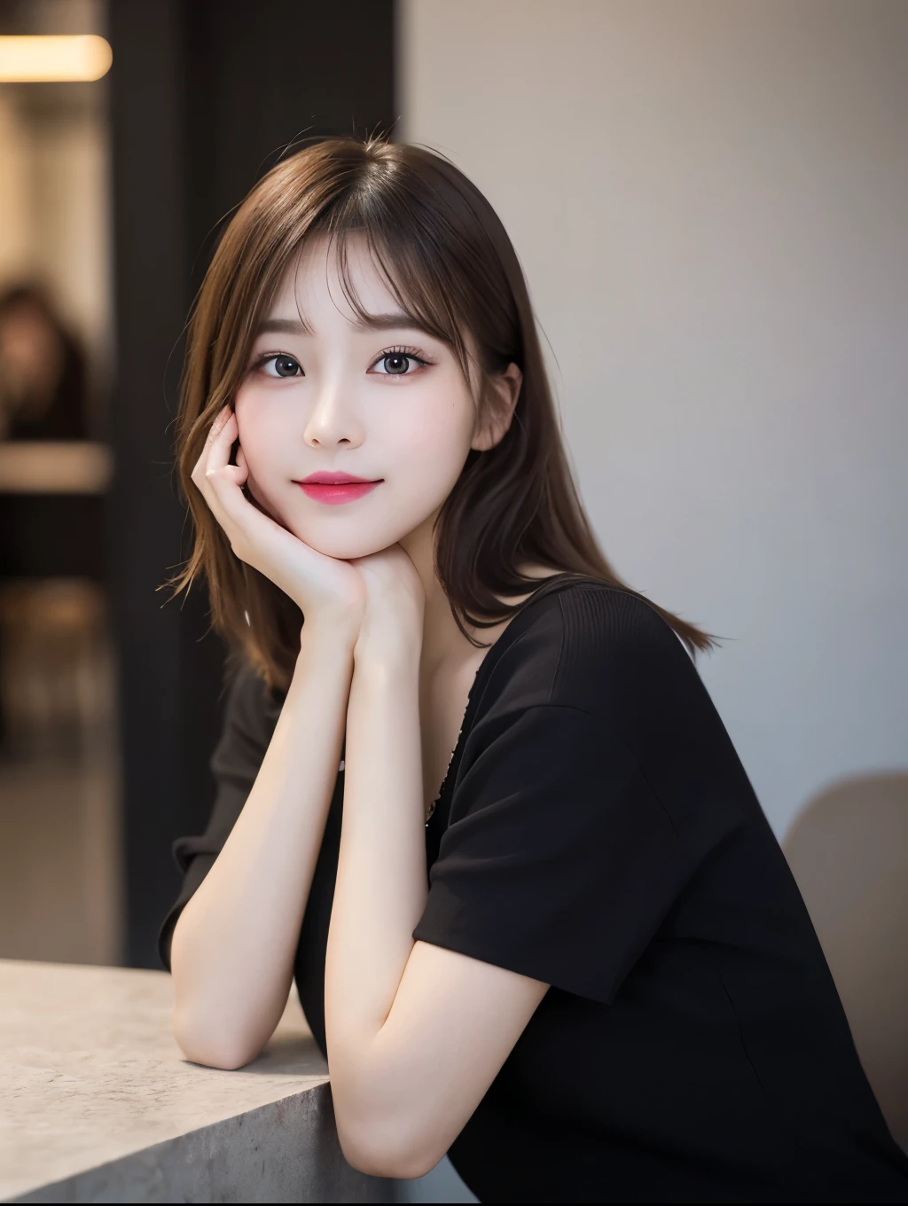 On the table, best quality, shape, Very detailed, Finely, high resolution, 8k wallpaper, 完璧なダイナミックな構shape, Beautiful and exquisite,ランダムなLovely髪,,Natural lipstick、20 year old girl、Lovely、Looking at the camera,Always blur the background,Perfect beautiful face,The face and body are relatively slim,big eyes、Put on girly makeup,Small face,Shot from below、Blurred background,Elegant female face、cyberpunk fashion、Smile、Change posture randomly、Randomly change the camera angle and position、Cross your legs
