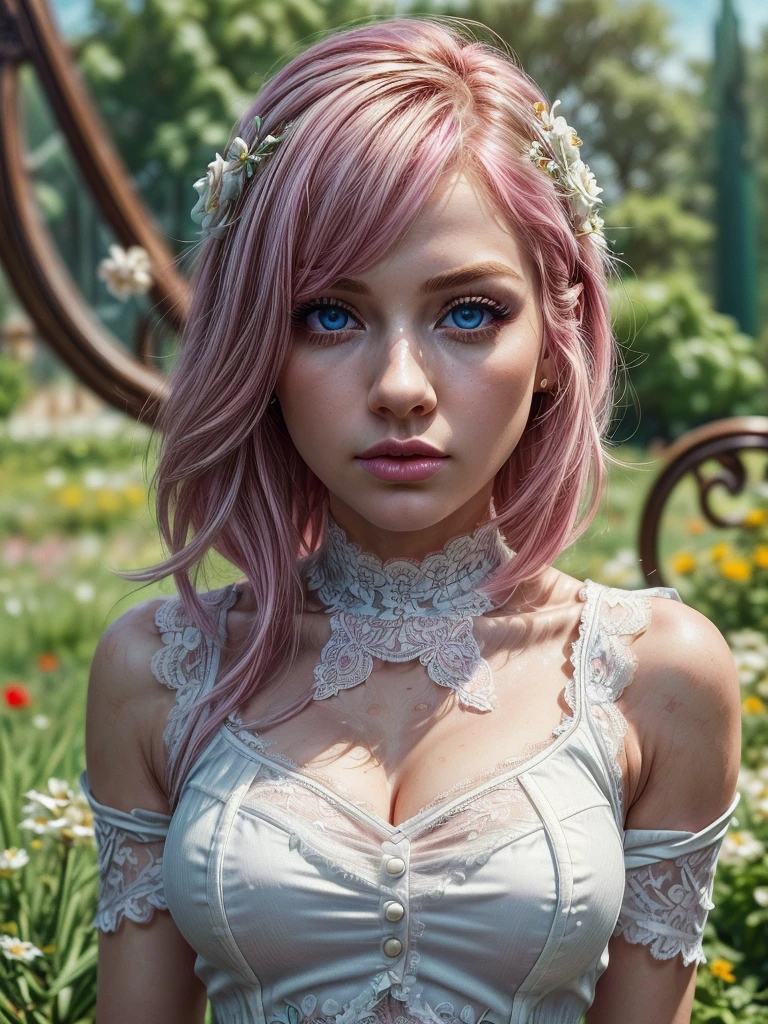 ultra realistic professional full body camera   (((white Lace dress, pink hair flowered garden  )))  (photo 1028k qhd) by (James C. Christensen:1.2|Jeremy Lipking:1.1), (Dittmann Anna:0.3), (jiner:0.3), (mise au point nette:1.3) lndswgnr,High detail, instagram top model,blonde hair, beautiful detailed baby blue eyes, k eyes,(eye (eye makeup: 1.2) sleeping Pose of the Instagram model, perfect button nose, attractive lip shape has an upper-to-lower lip ratio of 1:2, perfect ivory skin confiant, (((anatomycally perfect 25 old ladie hand,finger, nail))),fille en forme Fille maigre et sexy, breast:1.2, anatomie parfaite, Perfect symmetry:1.2, Realstic position, realistic and gorgeous face:1.2, perfect face, highly detailled, happy, confident, ighting cinematic, Lighting scene, soft lights, instagram standing pose (((baby blue eyes,, Fille maigre et sexy, breast:1.2 perfect charming face, attractive lip and nose, (masterpiece, best quality:1.6), white lace dress, cowboy shot, thighs, beautiful girl, (flowers, many small white petals:1.3), garden, blue sky, looking at viewer, small waist, official art, raw photo, incredibly absurdres, facelight, dynamic lighting, cinematic lighting, ultra realistic, highres, photography, sharp focus, highest detailed, extreme detailed, ultra detailed, finely detail, extremely detailed eyes and face