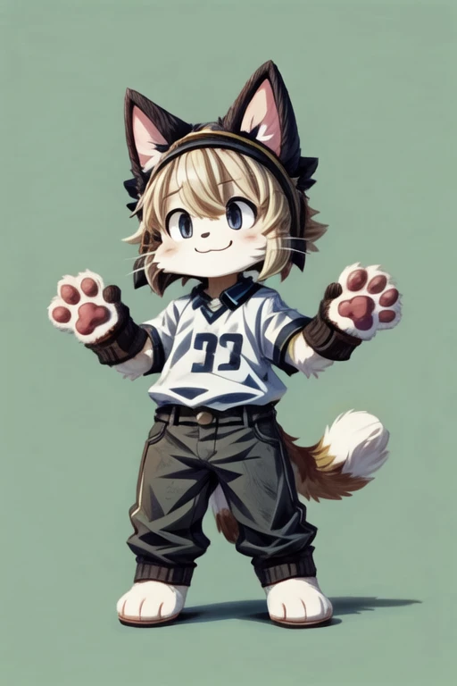 score_9, score_8_up, score_7_up, with Short sleeves , fake animal ears, animal ears, cat ears, paw gloves, cat paws, paw pose, smile, standing, simple background