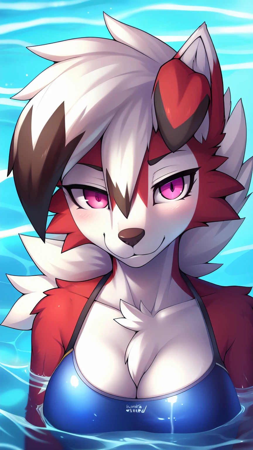 By zinfyu,by twistedscarlet60, uploaded on pixiv, by fluff-kevlar, (masterpiece), (best quality), (solo female:1.2), (extremely detailed:1.3),(detailed eye,black circle on eye,pink eye), lycanroc midnight, view on viewer, close view, shy face, half body on potrait, only body and head, close view, closeup photo of lycanroc, in swimming pool, in water, wearing swimming suit