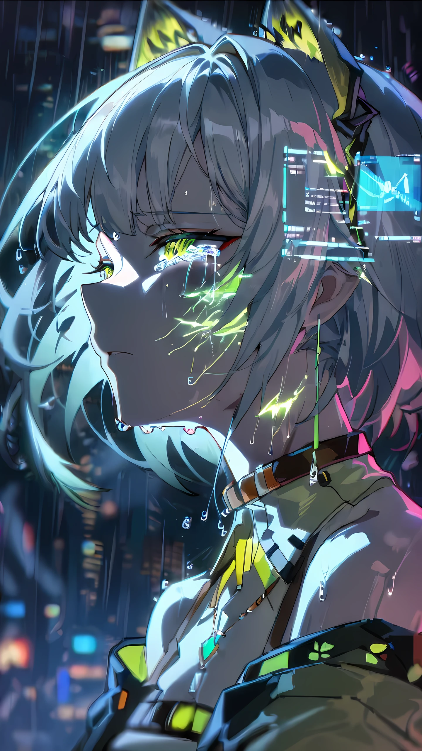 1girl, solo, Kal'tsit \(arknights\) arknights, bare shoulders, wet, portrait, profile, half-closed eyes, tears, glowneon, glowing, sparks, lightning, cyberpunk, hlpr, futuristic, hologram, glitch, error message, holographic face, ui, interface, nodes, particles, neon trim, surreal, night, city, city lights, neon lights, depth of field, rain, masterpiece, best quality, very aesthetic, absurdres, 