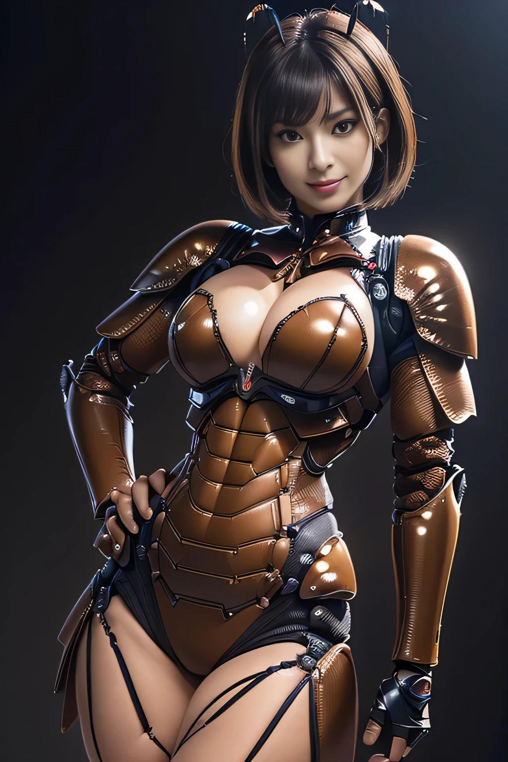 (high resolution,masterpiece,best quality,extremely detailed CG, anime, official art:1.4), realistic, photo, amazing fine details, all intricate, gloss and shiny,awesome many layers, 8k wall paper, 3d, sketch, kawaii, illustration,( solo:1.4), perfect female proportion,villainess, (fusion of dark brown roach and lady:1.4), (brown cockh form lady:1.2), (brown cockroacdy:1.2), (fusion:1.2), (solo:1.4), (evil smile:1.2), muscular, abs, (cockroach brexoskeleton bio insect suit:1.4), (cockroach brown keleton bio insect armor:1.2), (brown transparency cockroach wing:1.4),own cockroach antennae:1.3),