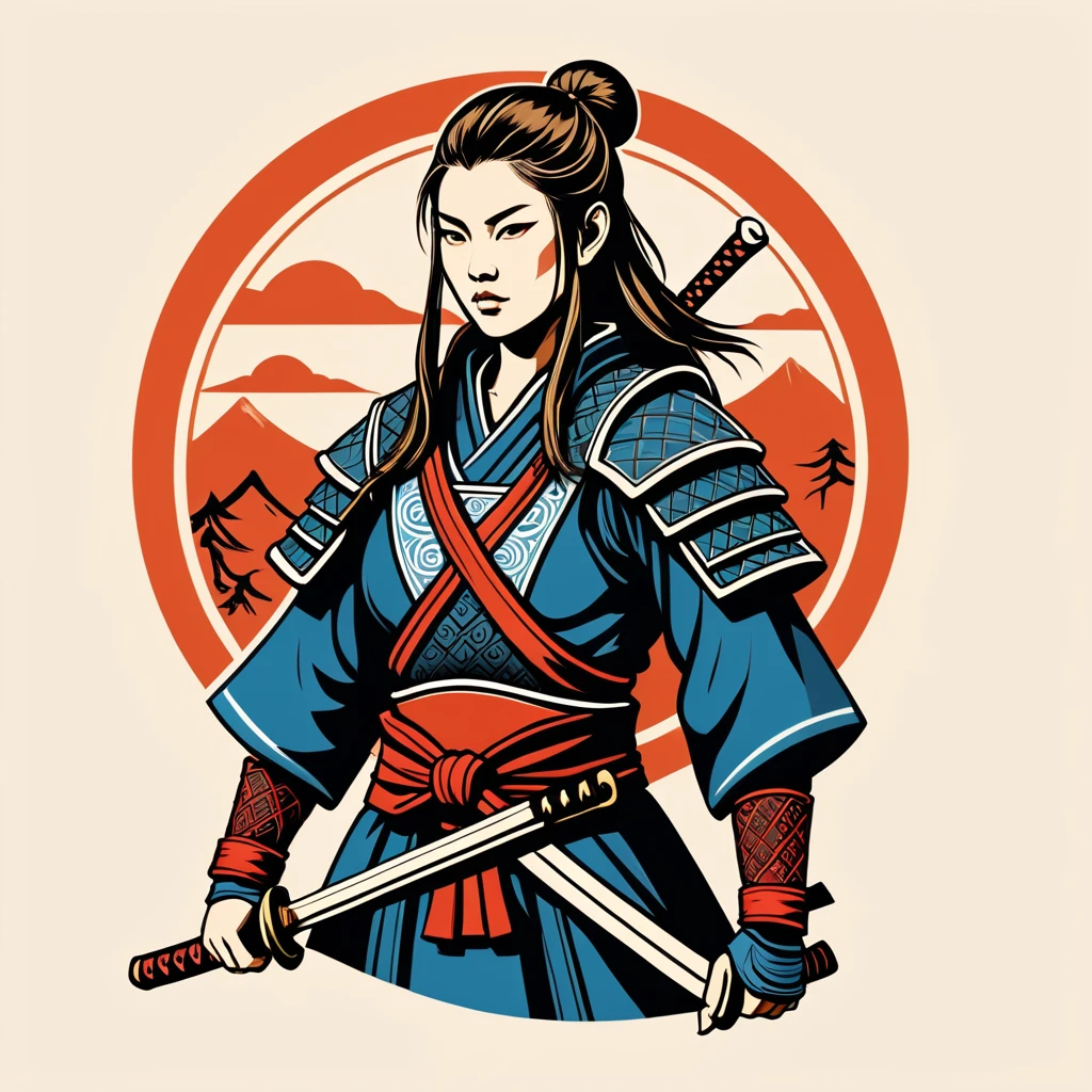 female	samurai	in viking folk outfit	,vector graphics, strong contours, logo design																						