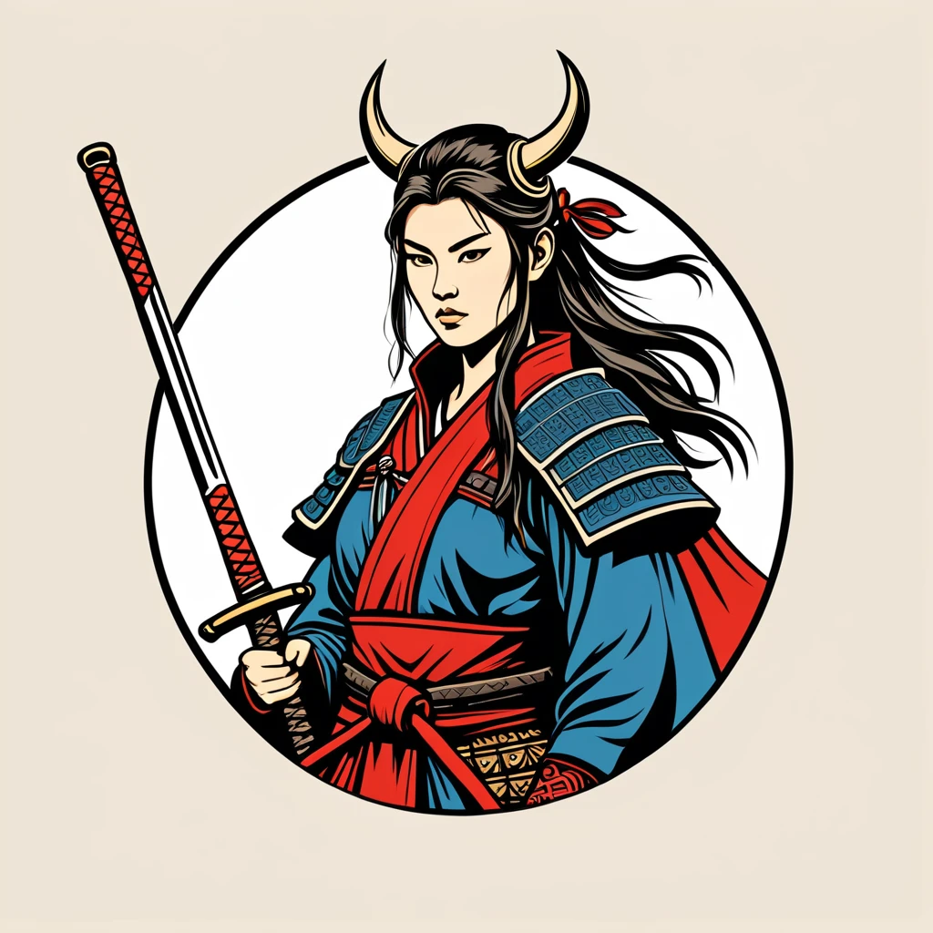 female samurai in viking folk outfit ,vector graphics, strong contours, logo design