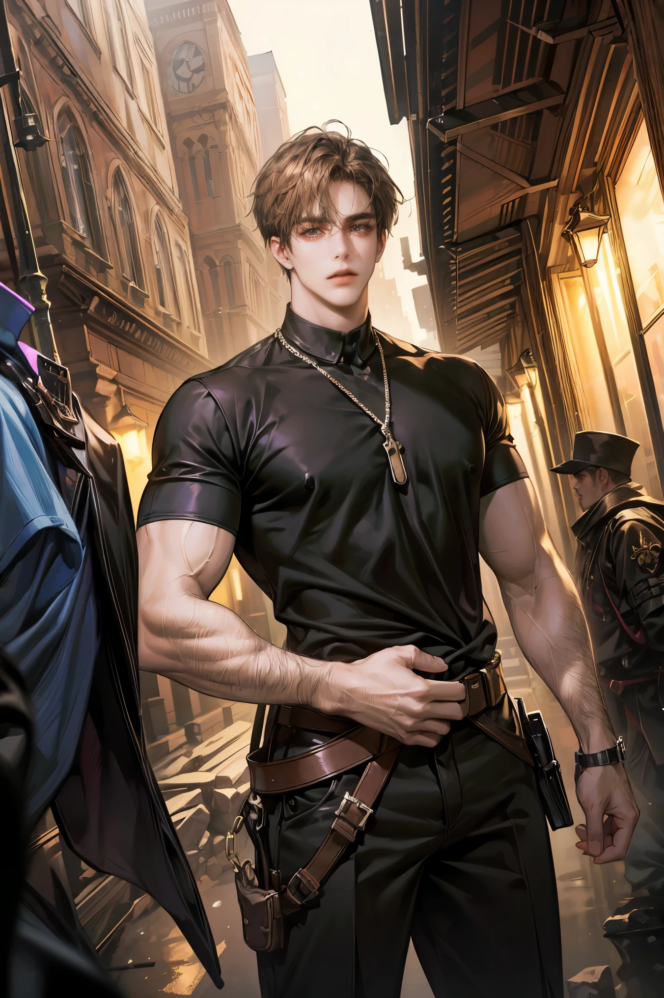 (absurdres, highres, ultra detailed, original character, HDR), 1 boy, solo, young man, handsome, ((tall muscular guy, broad shoulders)), finely detailed eyes, (dark brown hair), hair between eyes, dark brown eyes, apocalypse, casual outfit, ((assassin)), body strap, (body tight black shirt), ((large man breasts)), (cowboy shot), dutch angle, face focused, apocalypse alley scenery, dystopian city, closed mouth, looking at viewer, depth of field, bokeh