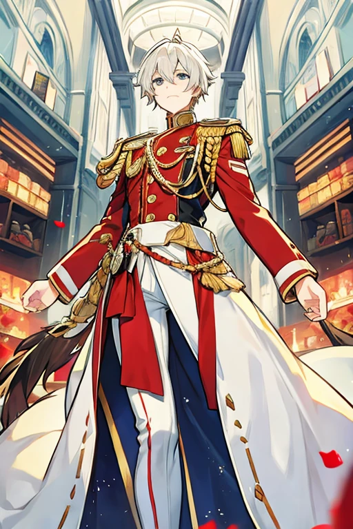 White man robot, wearing a red marching band leader costume