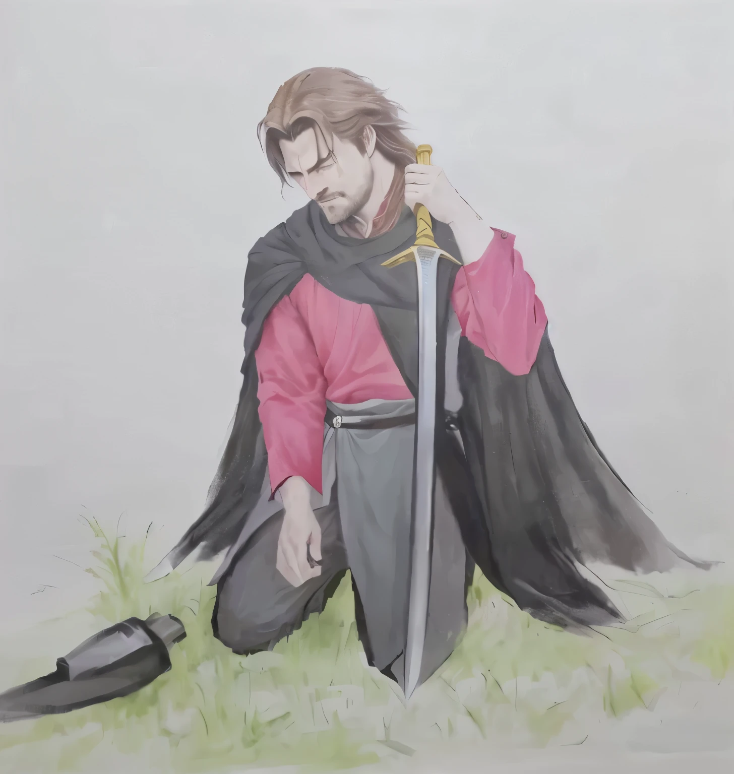 painting of a man with a sword and a red shirt, as a medieval fantasy character, painting of a knight, boromir in an 80\animes world, inspired by Edmund Greacen