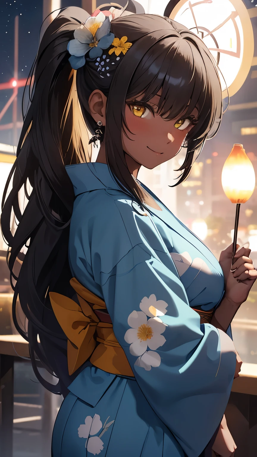 Masterpiece, best quality, (night at summer festival), long black hair, ponytail, halo, bangs, yellow eyes, (detailed eyes), earrings, (( wearing blue yukata with flower pattern )), blushing, smiling, looking at viewer, beauty face, (beautiful night with foreworks), apple candy on her hands, wholesome, warm lighting, 