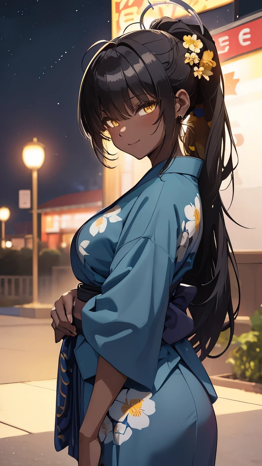 Masterpiece, best quality, (night at summer festival), long black hair, ponytail, halo, bangs, yellow eyes, (detailed eyes), earrings, (( wearing blue yukata with flower pattern )), blushing, smiling, looking at viewer, beauty face, (beautiful night with foreworks), apple candy on her hands, wholesome, warm lighting, 