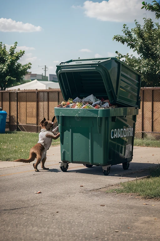 The dog had to search in the garbage containers and around the food stalls. make it like a cartoon