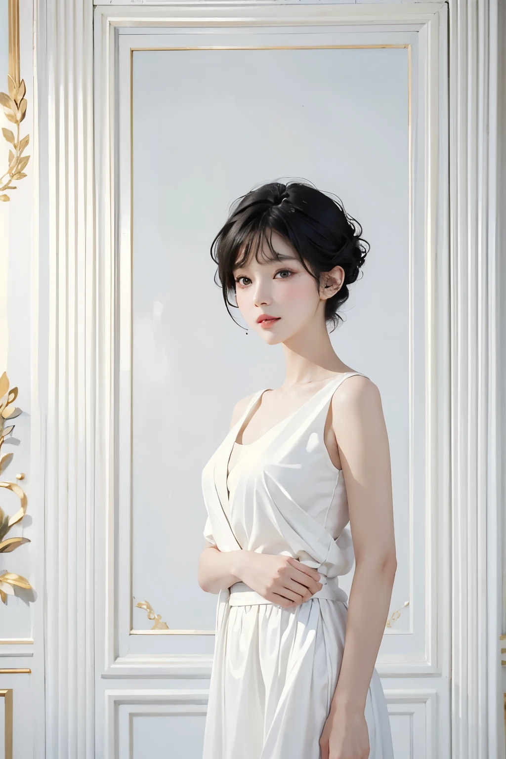 (masterpiece, Highest quality:1.2), 1 female, alone、Beautiful Face、Lively Faces、Black-haired、short hair、Beautiful Hairstyles、Beautiful Skin、(Face close-up:1.2)、Simple white dress、LOHAS、Soft Light、Soft Focus、((White Background))、((Blank Background))、Blur the background、