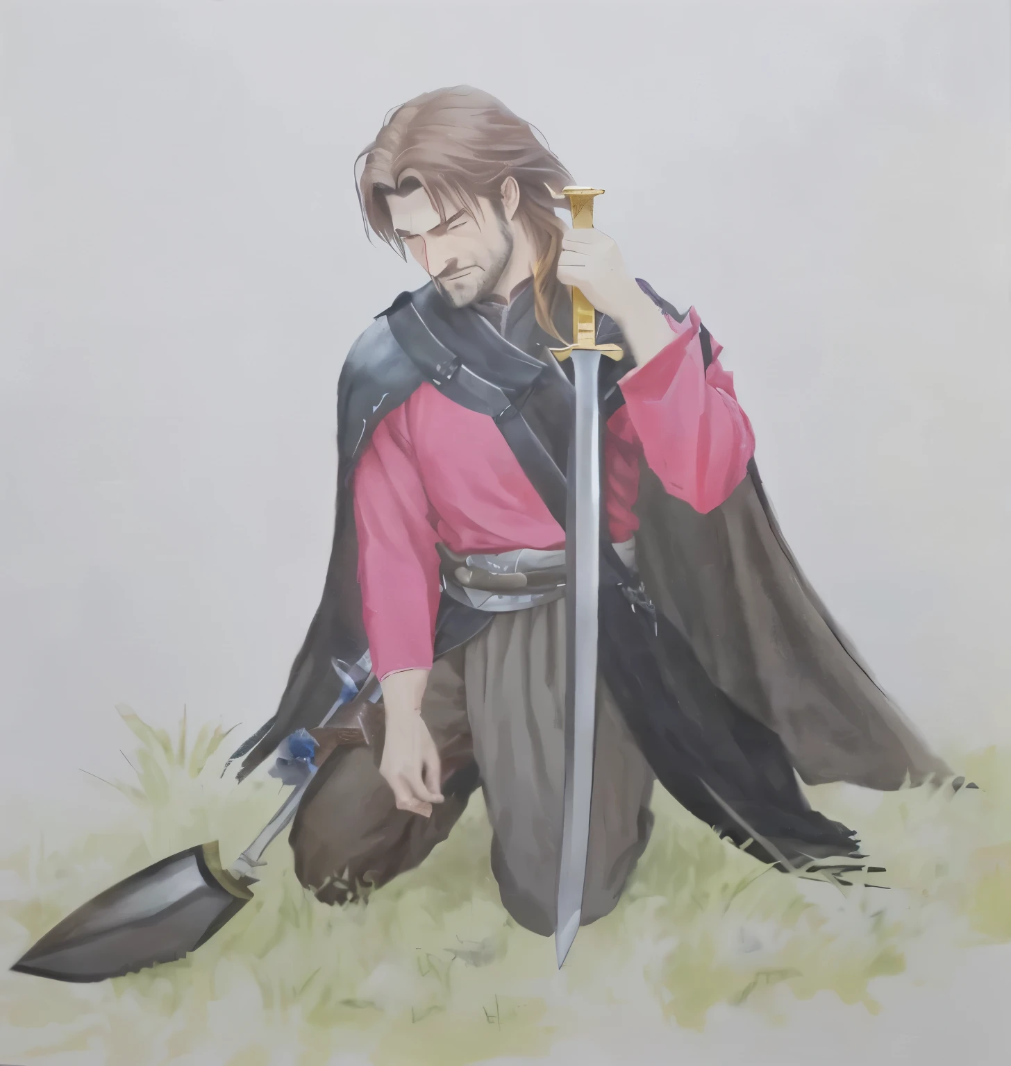 painting of a man with a sword and a red shirt, as a medieval fantasy character, painting of a knight, boromir in an 80\animes world, inspired by Edmund Greacen