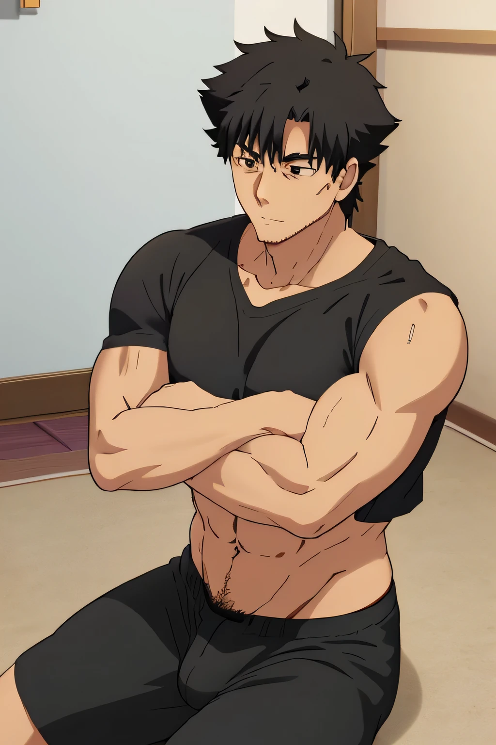 Kiritsugu is sitting and flexing his arms. He wears a black tshirt with short sleeves. His right sleeve is completely rolled up, so you can see his entire arm and shoulder. He wears black short boxershorts. You can see his thighs completely. He has a huge bulge. You can see his abs too. He is admiring his arms.