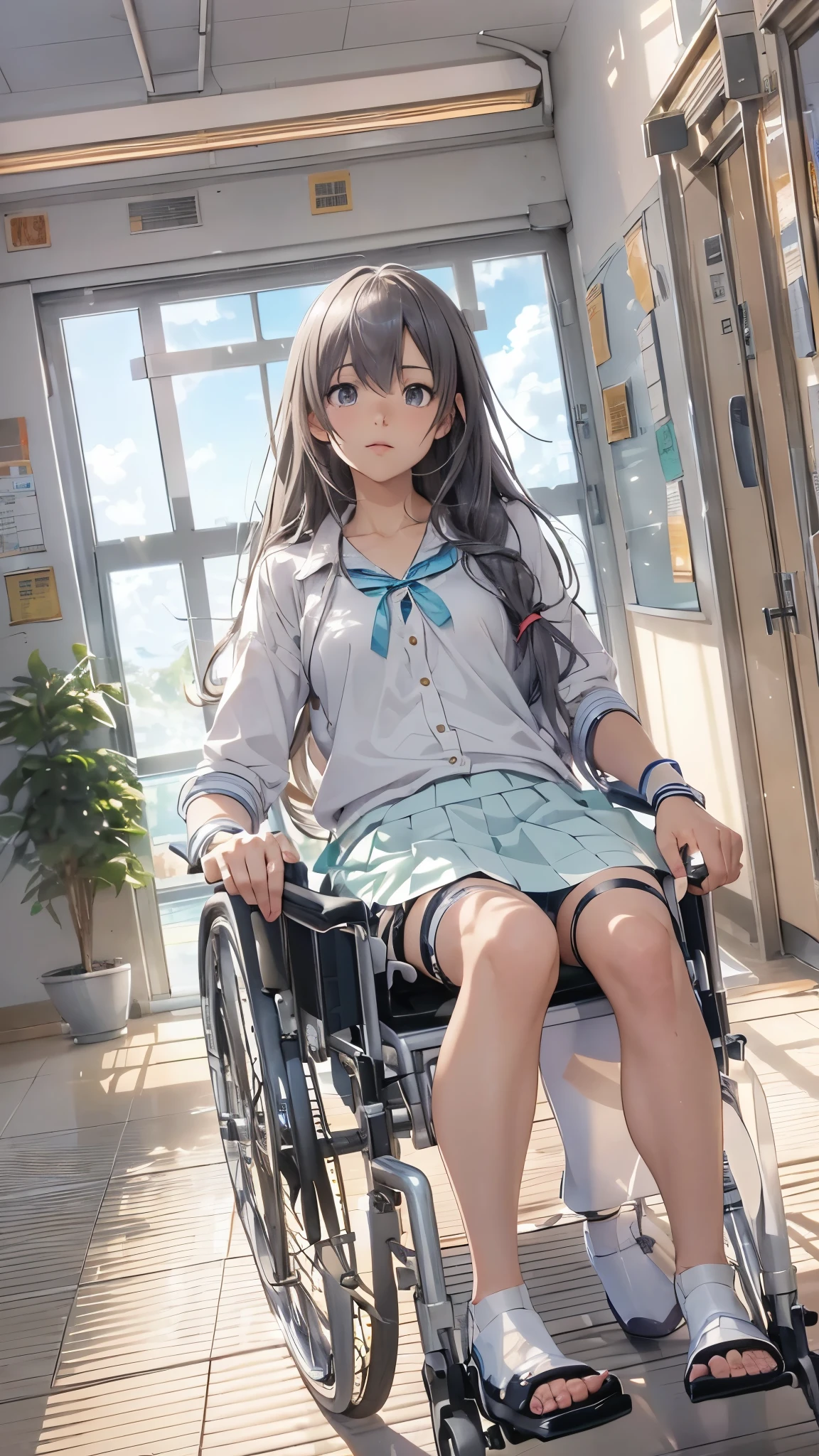 (Highest quality,4K,8k,High resolution,Tabletop:1.2), Very detailed, (Realistic,photoRealistic,photo-Realistic:1.37),(whole body),((In the hospital)),Sickly beautiful girl, sad,I was surprised,((Gray hair color)),((Long Hair)),((She is in a wheelchair)),((She is pushing a wheelchair)),((She has difficulty walking)),((She is a wheelchair user)),((Hair above the eyes)),((school uniform,Jumper skirt,ribbon,blouse)),((Wear black open-finger gloves)),((Leg Brace)),((Casts on her legs)),((Knee pads)),((Leg braces)),Espadrilles,Beautiful and detailed, Beautiful lip detail, Very detailed目と顔, Long eyelashes, Realistic anime 3D style, Smooth anime CG art, Digital rendering by Makoto Shinkai, Moe anime art style, photoRealistic rendering of an anime girl, Shinkai Makoto style, Cute anime girl visuals, Realistic young anime girl, Girl Fanart, Works by anime artists'Studio.