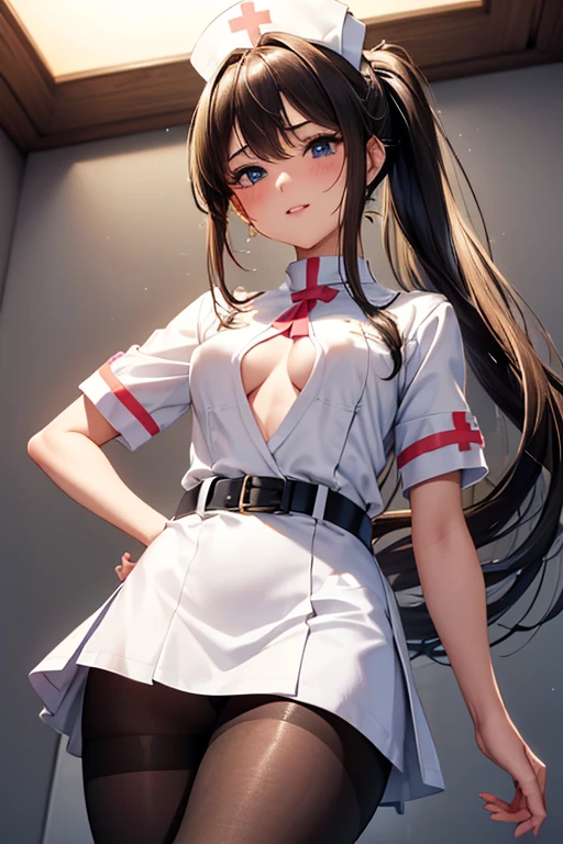 #基本 
A girl is posing for a photo, ((One Girl)), (((:1.2)) + ((cute:1.3))), 
#A girl is posing for a photo, ((One Girl)), (((Baby Facete)) + 16 years old), 
bring Accessories 
((White nurse uniform:1.5) : (Shiny) + (Cleavage:0.1) + ((Pencil Mini Skirt)) + (High neck) + (Gold Belt) + ((Tight fit:1.4)) + (Black Pantyhose)), (Shiny白ハイヒール), 
(Gold hoop earrings), 
break 

#Features 
((Black Hair)), Curly hair, (Chest-length sideburns:1.4), (ponytail : Long Hair + Messy Hair + Hair that bounces out),  
((Droopy eyes), blue eyes, (Big eyes:1.4)), (Small breasts:1.4), 
break 

#background environment 
(noon, (sunlight shines, Modern hospital, lobby)), 
#Facial Expression Pose 
((Laughing happily)), ((model posing), Relaxed and calm pose), 
#composition 
(To the camera, (Focus from below), (Cowboy Shot)),  
break 

#Body parts elements 
(Slim figure), 
(Detailed Hair, Beautiful Hair, Shiny Hair), 
(double eyelid, Long eyelashes), 
(Expression of fine eyes, Beautiful and delicate eyes, Sparkling eyes, Eye Reflexes, Glitter Eyeliner), 
(Human Ear), 
(Beautiful Nose, Thin Nose), 
(Shiny唇, Beautiful Lips, Thick lips, Shiny唇, Natural Cheeks), 
(Detailed face, Symmetrical facial features), 
(Detailed skin, Textured skin, Beautiful Skin, Glowing Skin), 
break 

#Quality Image Quality Common 
(((Highest quality)), ((masterpiece)), ((Very detailed))), ((Ultra-high resolution)), ((16K, 1080P)), ((FHD)), 
(Anatomically correct), (Realistic), (3DCG), (oil), 

#Quality image illustration 
((comics, anime)), CG illustration, 
