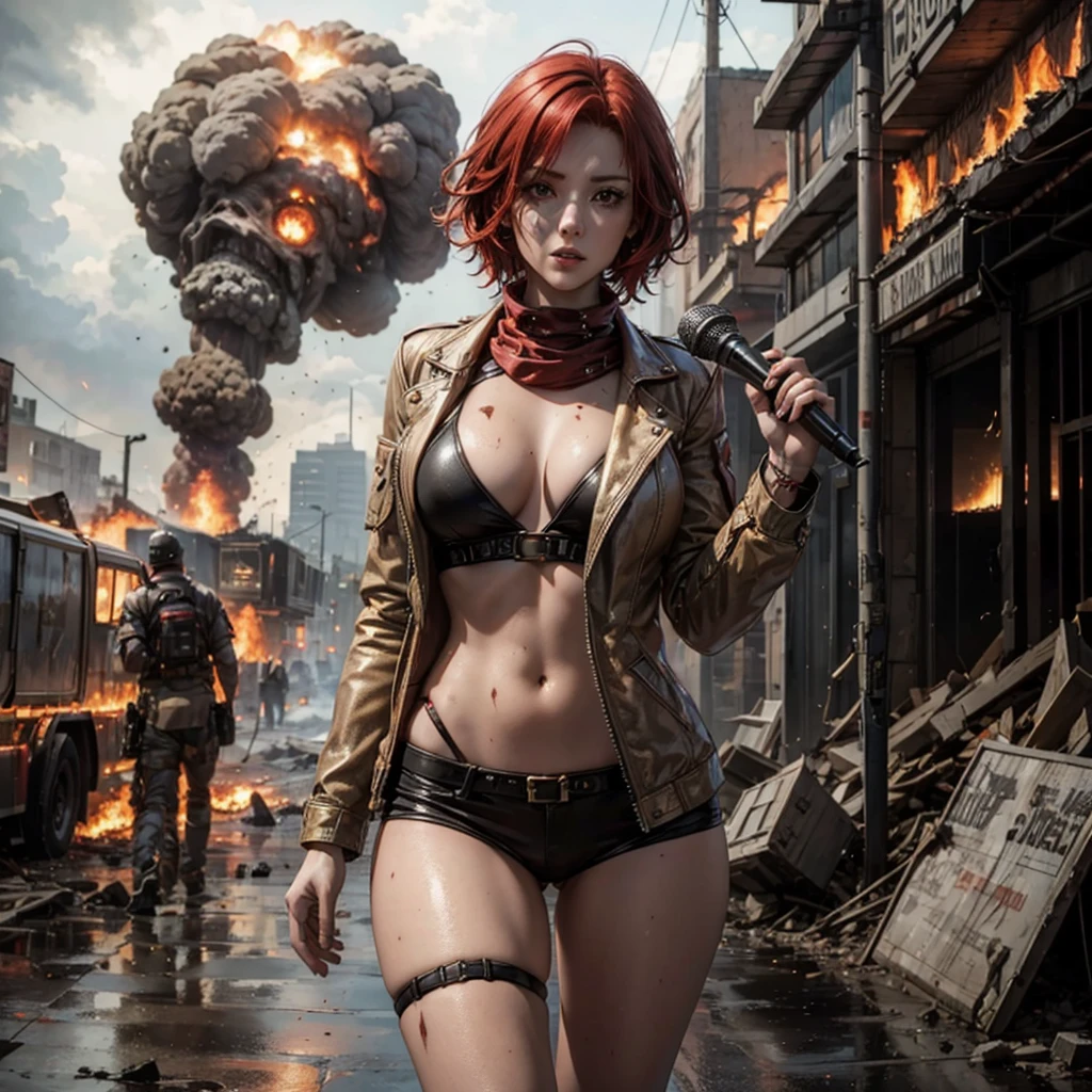 A female reporter with red hair holding a mic, A doomsday scene, chaotic, destruction, explosion, burning, meteorites rained down on the earth, post-apocalyptic