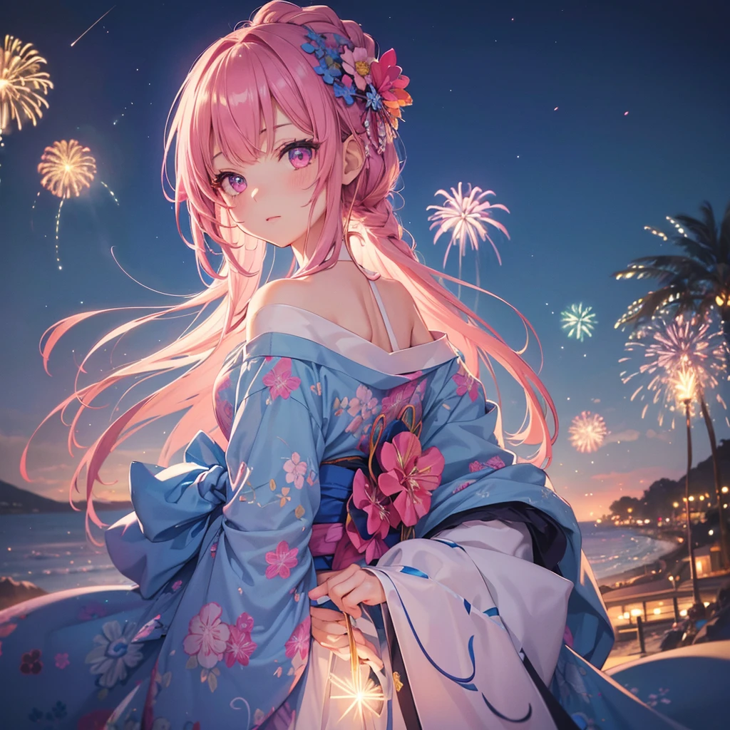 Sky Blue Medium Hair, (Braided Hair),(Pink Eyes),Fair skin ,(whole body),(1 girl)、Floral Yukata、summer night、Extra-large fireworks filling the night sky、Big fireworks、Straight bangs,(masterpiece, Highest quality, Very detailed, Best Shadow), (Detailed Background), (Beautifully detailed face), High Contrast, (Best lighting, Very delicate and beautiful), ((Cinematic Light)), colorful, Hyper Detail 8k, Dramatic Light, Intricate details,