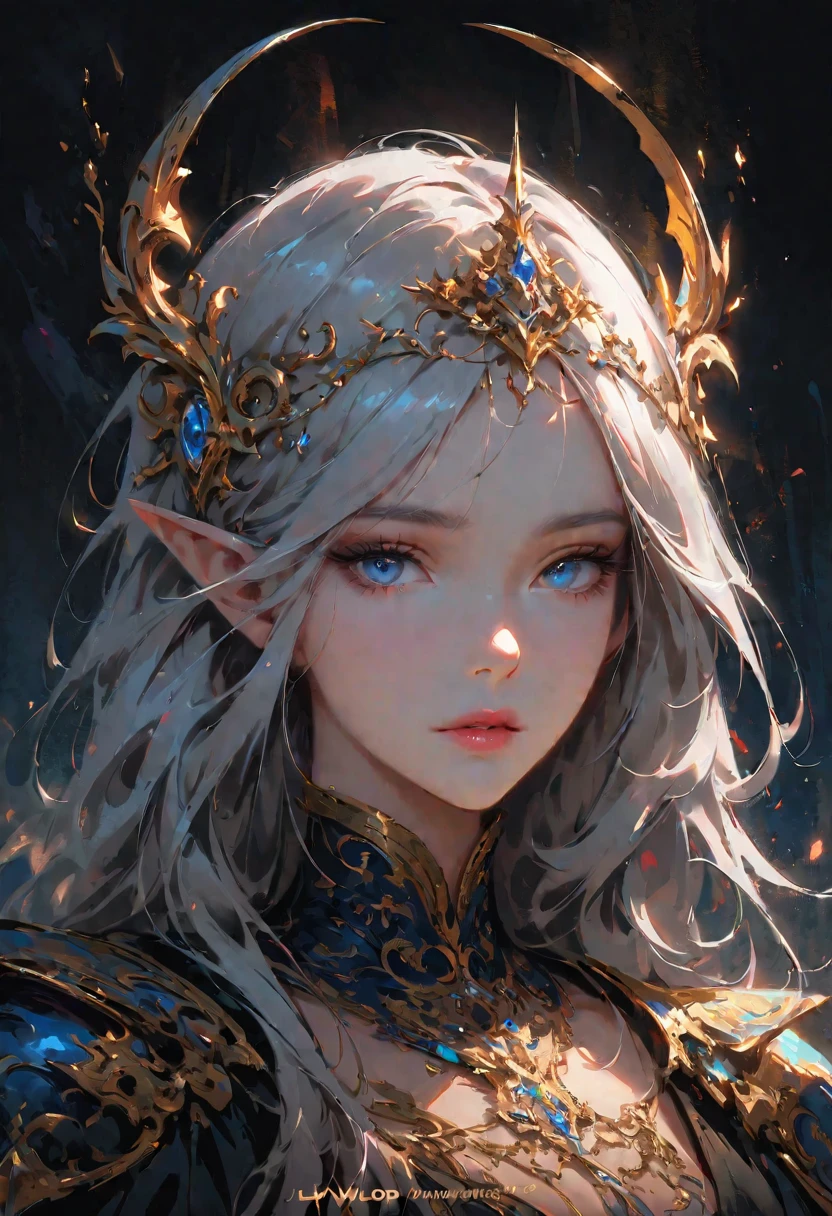 dark style, sakimychan style, Wlop style, portrait, Delicate face, Beautiful woman, Full lips, elf, 12th century, blue eyes, Briot, Lord of the Rings armor, white hair, Nearly perfect, Beautiful anime style, Clean Delicate face, glowing shadow, beautiful gradient, Depth of Field, Clean Graphics, high quality, High Detail, HD, Luminous Studio graphics engine
