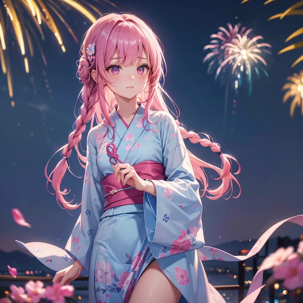 Sky Blue Medium Hair, (Braided Hair),(Pink Eyes),Fair skin ,(whole body),(1 girl)、Floral Yukata、summer night、Extra-large fireworks filling the night sky、Big fireworks、Straight bangs,(masterpiece, Highest quality, Very detailed, Best Shadow), (Detailed Background), (Beautifully detailed face), High Contrast, (Best lighting, Very delicate and beautiful), ((Cinematic Light)), colorful, Hyper Detail 8k, Dramatic Light, Intricate details,