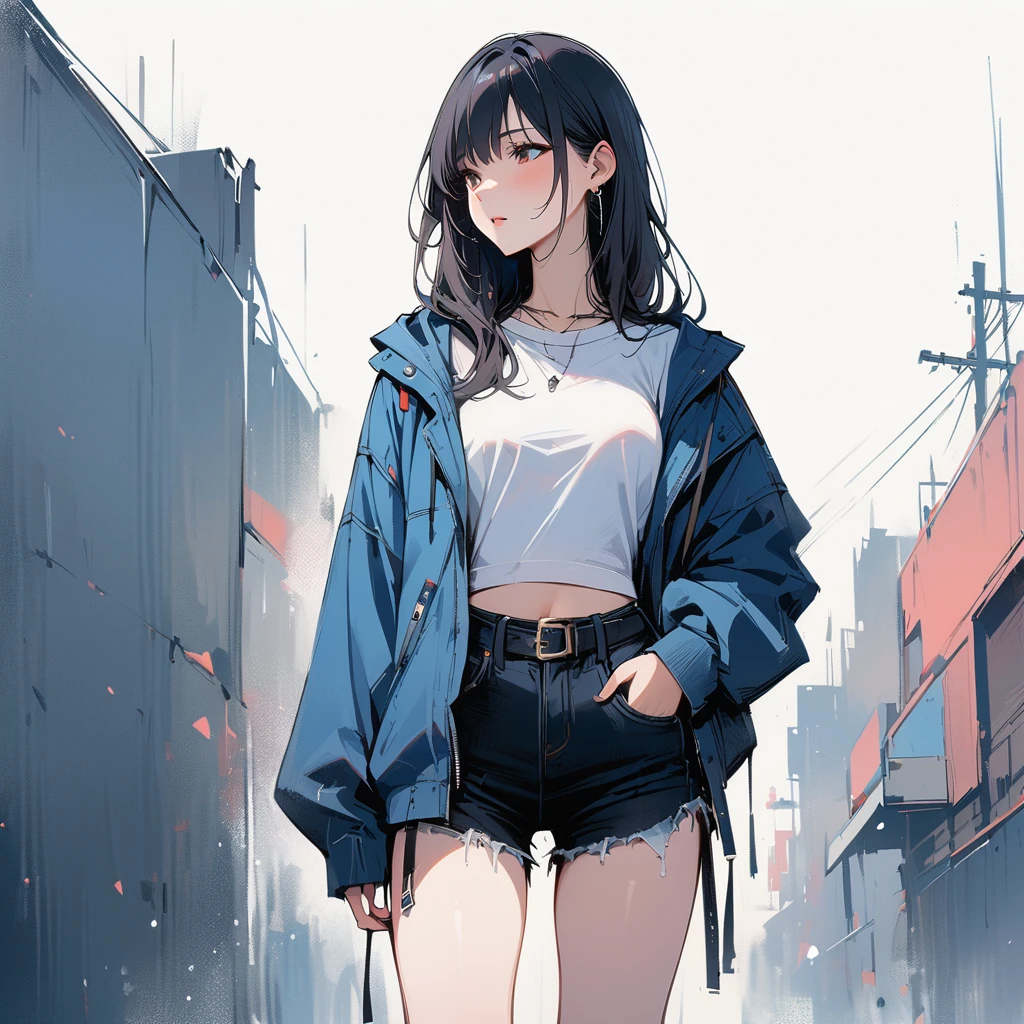 (masterpiece, best quality:1.2), 1 girl, alone , sexy , blue  jaket , cutoff-jeans , (cowboy shot) , black hair ,  white top, fullbody view, sneakers, stand,