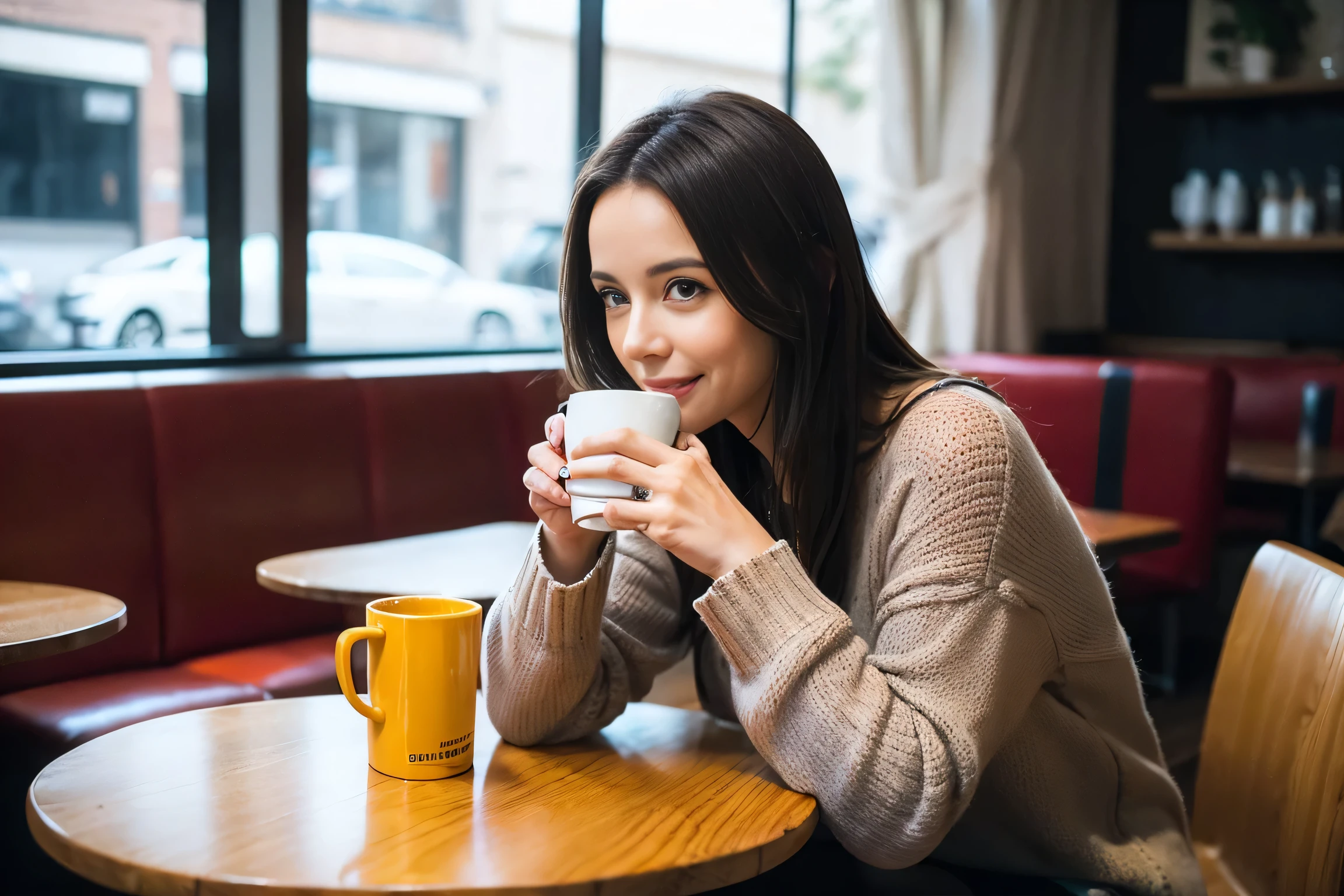 "A realistic portrait of a single woman named Laura Stevka, 44 years old, sitting in a café and drinking a cup of coffee. (((She wears HVEPUO women's mid-rise denim shorts in a casual, used look with broken edge and blue fringes. The shorts are in size X-Small and washed blue.))) Laura has a tight waist and a friendly smile on her face. The background shows a cozy cafe with wooden tables and a relaxed atmosphere."