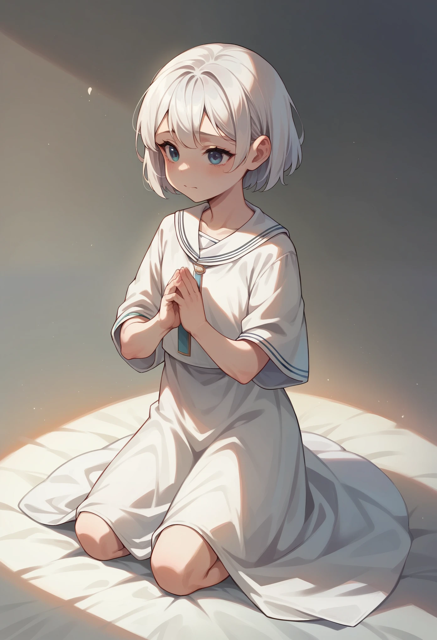 masterpiece, best quality, artbook, loli, white hair, hair over shoulder, kneeling,praying