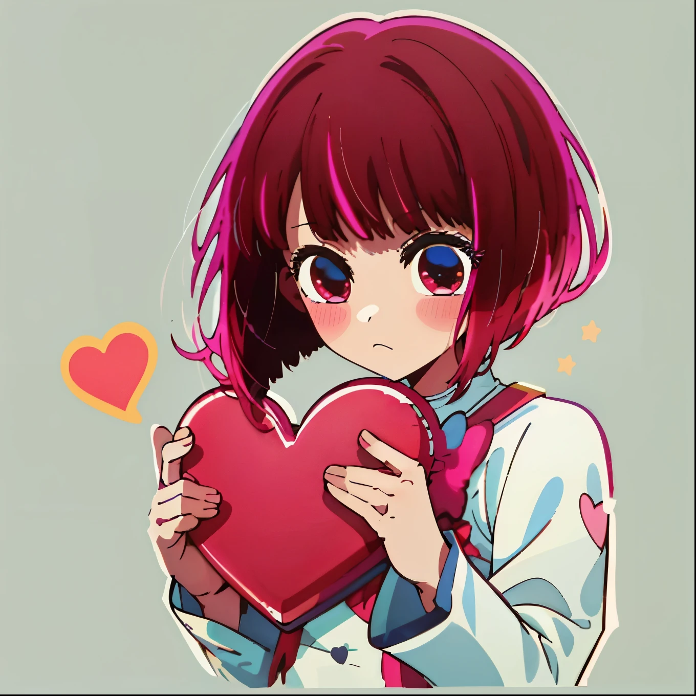 1 sticker, sticker, (cute) , stars, white background, no background, background, minimal, cute, tiny, pastel color, vector style, no gradient, simple stickers, kana arima head, kana arima holding a big heart, huge heart plush,front, big red heart, glowing heart, sweet and cute
