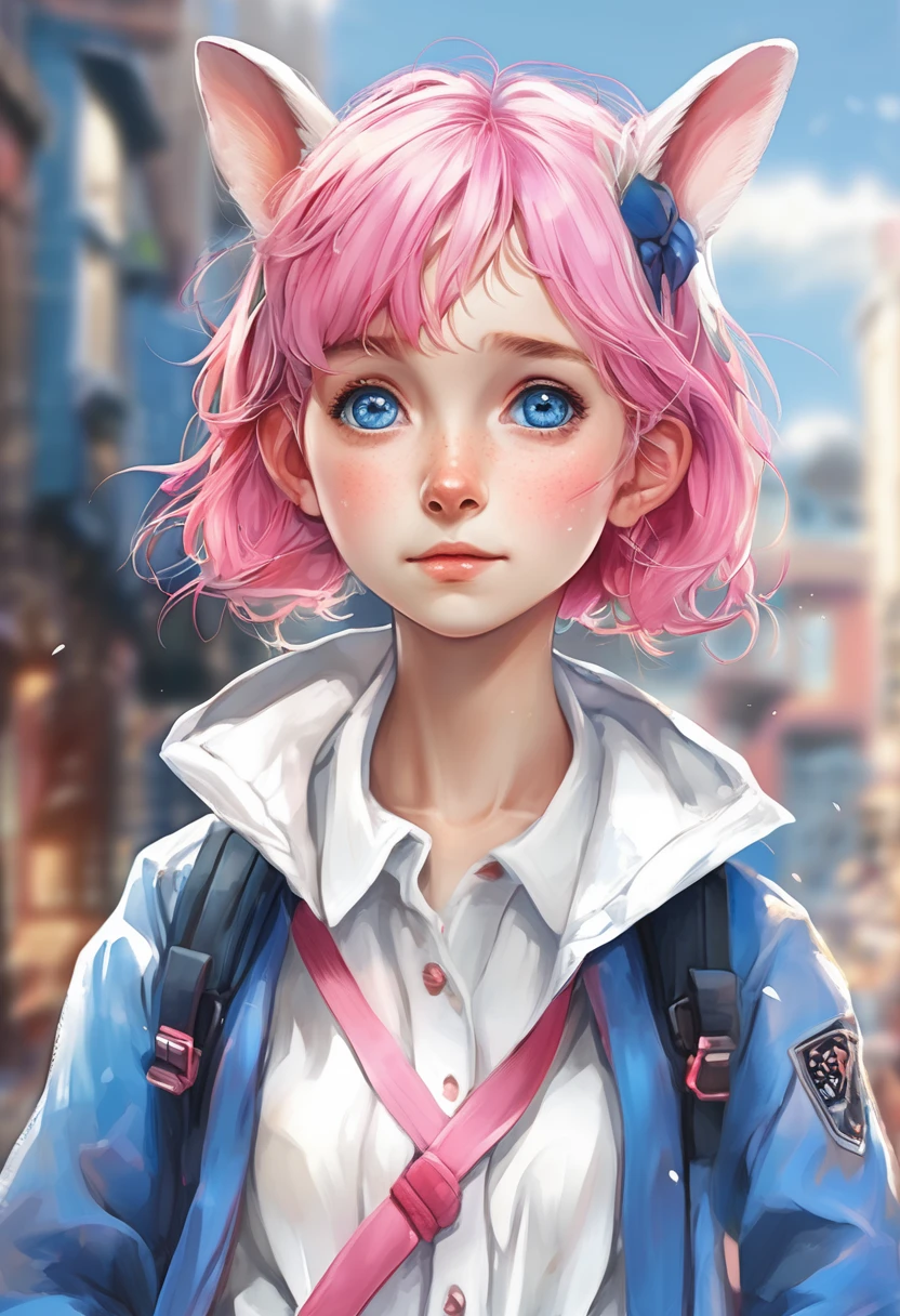 Ski Style, One girl, alone, Pink Hair, Animal ears, blue eyes, wing, View your viewers, bangs, short hair,  Sailor collar, white Sailor collar, hair 弓, pink 弓, Mouth closed, shirt, white shirt, Bobcut, mini 、Portraiture,, compensate, Upper Body, Background city,style of Beatrix Potter