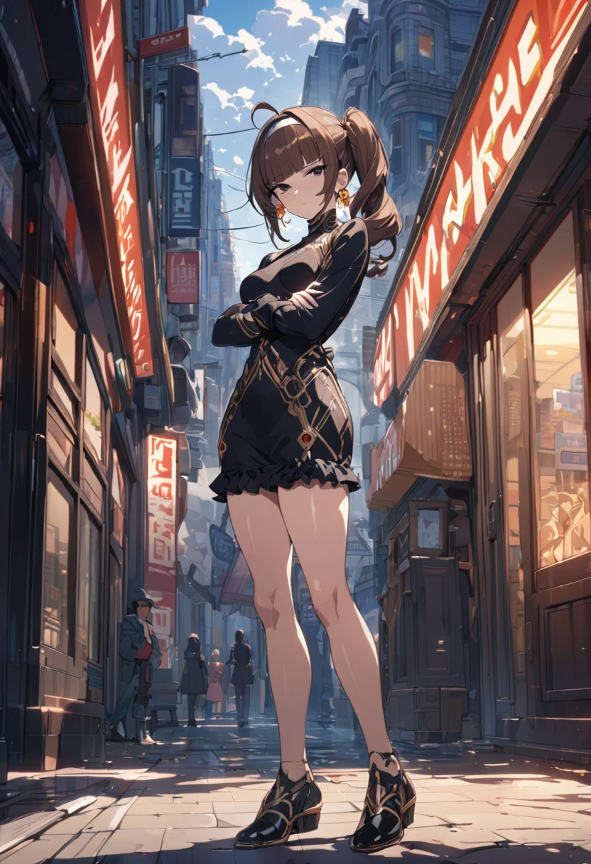 high quality, beautiful, detailed, ultra detailed, exquisite, insanely detailed, hyper detailed, masterpiece, best quality, FHD, Full-HD, 4K, 8K, 16K, highres, absurdres, woman, shy, glaring, standing, arms crossed, looking at viewer, ahoge, diagonal bangs, side ponytail, brown hair, black eyes, tall, glamorous, frilled clothing, hairband, earrings, toned, in the city, in the morning, with clouds, cel anime, full body shot, from front, golden ratio