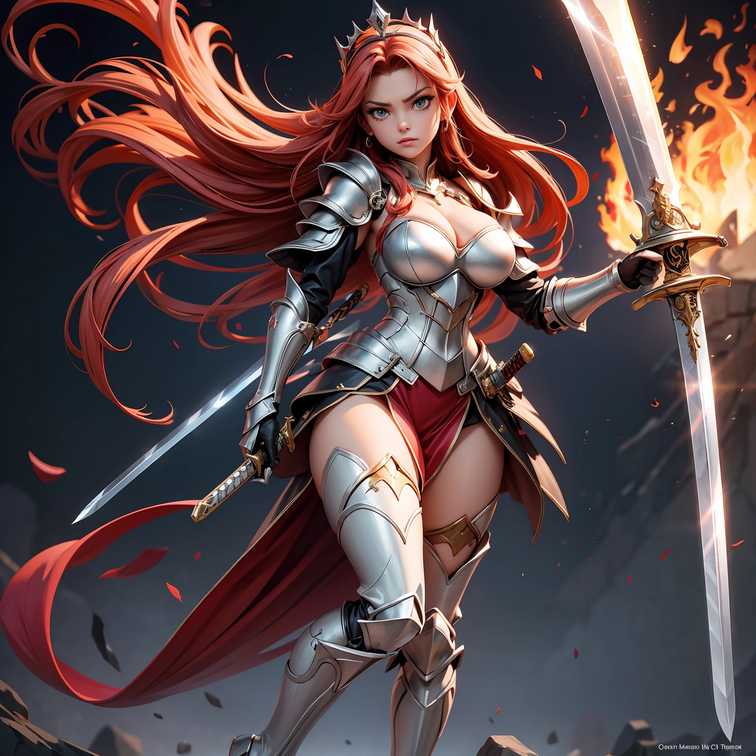 (((masterpiece, best quality,))) fantasy art,((full body)) a girl in metal armor holding sword, ((sword of flame)), ((close-up of sword)), (huge sword), PlantedSword,(holding sword). pink_dress, white_armor,cropped shoulders armor, plate armor, armor dress,gauntlets, red hair, long hair, tiara,cleavage, thighs, thighhighs,glaring, weapeon, (sword:1.3),PlantedSword, full moon