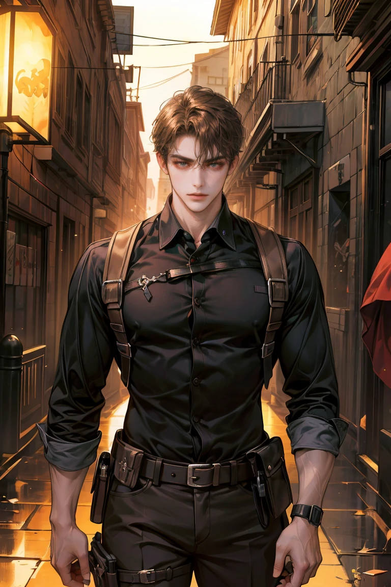 (absurdres, highres, ultra detailed, original character, HDR), 1 boy, solo, young man, handsome, ((tall muscular guy, broad shoulders)), finely detailed eyes, (dark brown hair), hair between eyes, dark brown eyes, apocalypse, casual outfit, ((futuristic assassin gadget)), body strap, (body tight black shirt), ((large man breasts)), (cowboy shot), dutch angle, face focused, apocalypse alley scenery, dystopian city, closed mouth, looking at viewer, depth of field, bokeh
