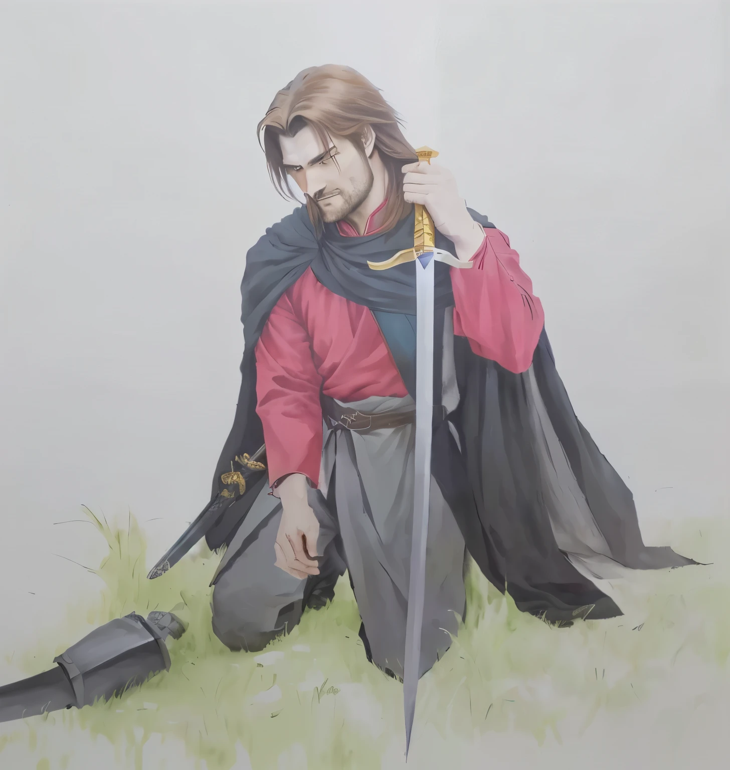 painting of a man with a sword and a red shirt, as a medieval fantasy character, painting of a knight, boromir in an 80\animes world, inspired by Edmund Greacen