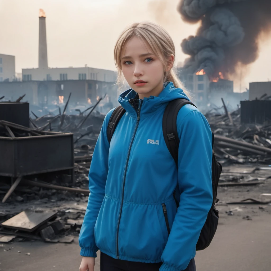 masterpiece, Highest quality, bubble, Blue clothes, Blonde Pigtails, Pretty face, Highly detailed eyes, Intense expression, Fighting Pose, Destroyed city, A distant fire, Rising Smoke, 