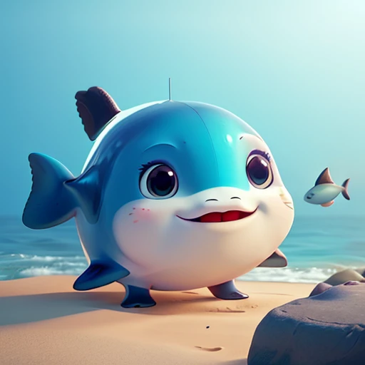there is a whale in the sea playing with fish,kawaii realistic portrait, beautiful whale,smooth  cg art,cute portrait,realistic styling
