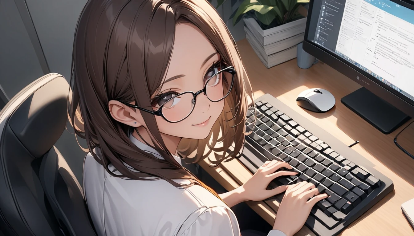 パソコンで仕事をするProfessionalグラマー,Portraiture,Professional,Wearing a smart suit,Stylish glasses,Typing on a sophisticated computer,Use a wireless mouse,Sitting at a modern desk,A soft smile,Soft natural light,High resolution,High resolution,Very detailed.One Woman ,alone, Dark brown hair