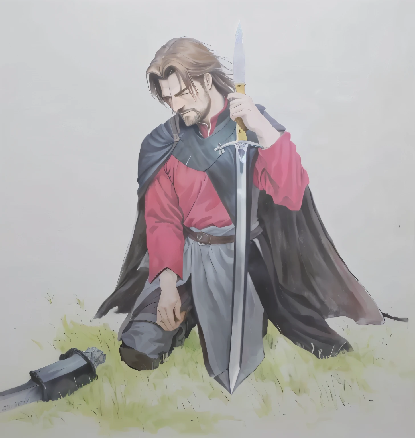 painting of a man with a sword and a red shirt, as a medieval fantasy character, painting of a knight, boromir in an 80\animes world, inspired by Edmund Greacen