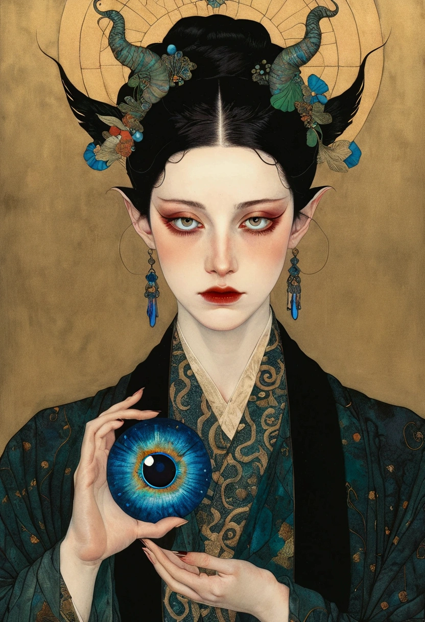 The art of math，Digital Illustration，Drawing，Decorative paintings，Watercolor，(((Harry Clark (Harry Clarke) style,圣地亚哥·卡鲁索style)))，Simple，clean，Fine painting style，(((The third eye on the forehead。Eyeliner，short hair，Pointed ears，robe)))，Wide Angle，Black and blue，Solid color background，Human anatomy is correct