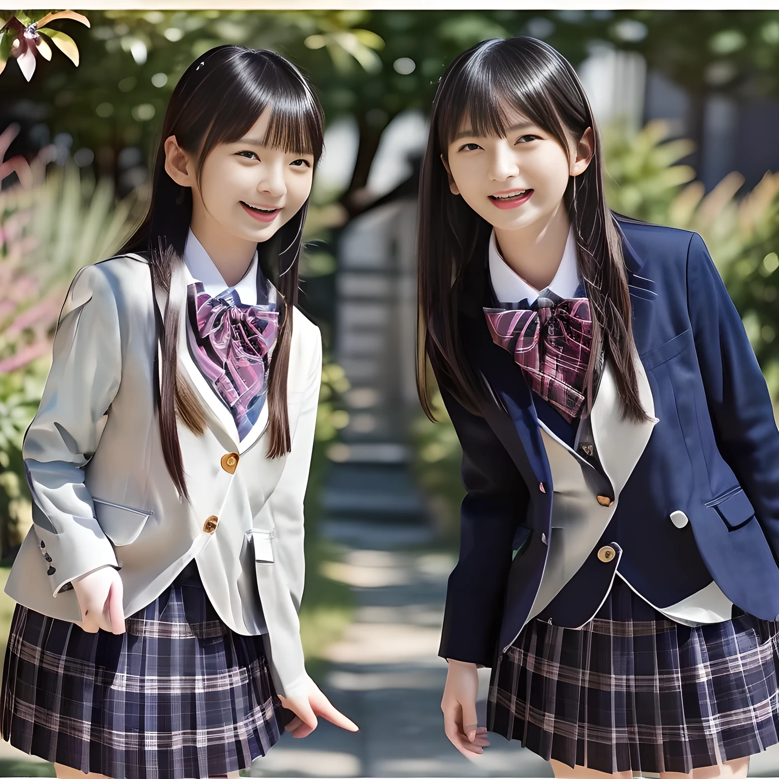 (Highest quality, masterpiece:1.2), Highest quality, High resolution, 1080P, 8k, height: 158cm, ((A noble, graceful and intelligent 14yo Japanese young idle who has a best proportion is looking me down and laughing at me!: 1.5)), ((So sweet, very noble, neat, and pretty 14yo Japanese beautiful fashion magazine model is giggling at me: 1.6)), ((((Very pure white face and limbs)))), Glossy Lips, (Evenly cut curled bangs), ((Very beautiful, droopy, cute, pure, noble, intelligent brown eyes with detailed: 1.6)), ((Super long, black straight hair )), (Very shiny, glossy Lips), ((Beautiful straight hair like a school promotion model)), Watch at you, ((Incredibly well organized, Rich facial expressions)), ((Plump and beautiful white skin and face)), ((Pure, clear, gentle brown eyes)), ((staring at me)), Glossy Lips, ((Noble and elegant)), Very beautiful blue skirt, ((Large upward-curving lips)), ((((Navy Japanese school blazer with noble golden emblem)))), ((Navy and sapphire blue Japanese school uniform)), ((Tartan check pattern dark blue pleated long skirt)), ((Cobalt blue string chest ribbon)), ((((An ecstatic expression of boundless joy)))), (((Beauty and fashion magazine for young girls))), ((Cute beautiful knees)), ((Well-shaped ample breasts)), ((Tilting his head and smiling)), ((many dark ghosts and wraiths are behind her: 1.5)), (Laughing loudly holding your stomach because the viewer is too funny: 1.0), ((Too beautiful woman to stop falling into her: 1.6))
