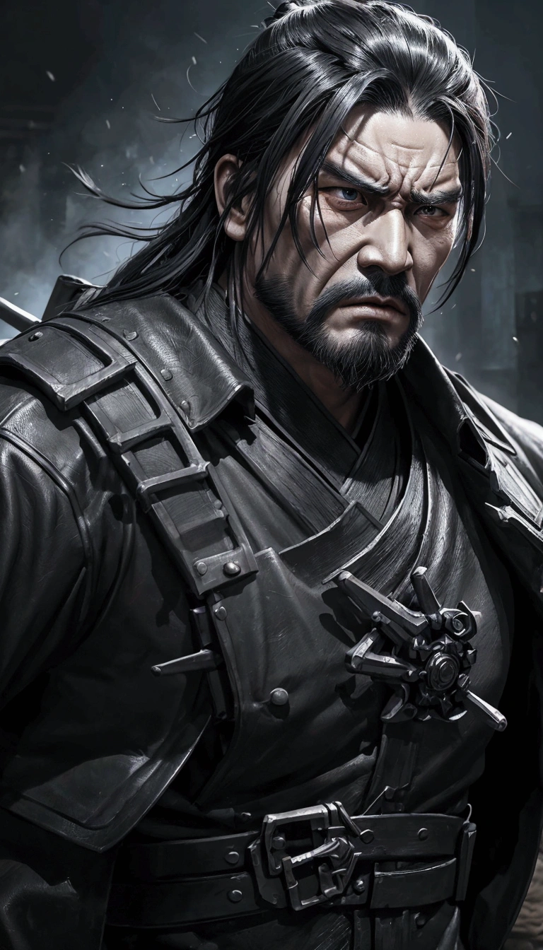 Transform the face of Yu Zhong from the mobile game 'Mobile Legends' into a more realistic, tough, gangster-like appearance. Make his expression intense and rugged, with realistic facial features that convey strength and toughness.