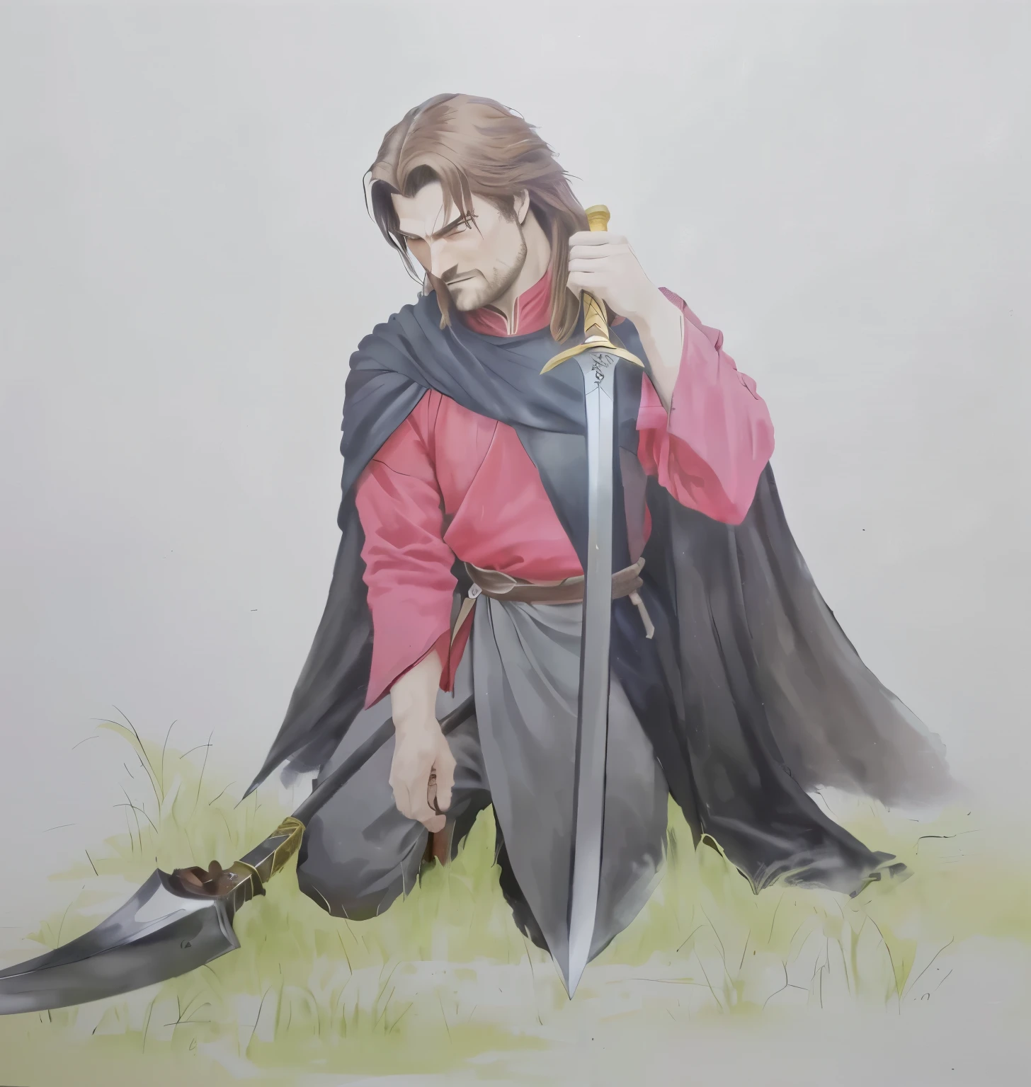 painting of a man with a sword and a red shirt, as a medieval fantasy character, painting of a knight, boromir in an 80\animes world, inspired by Edmund Greacen