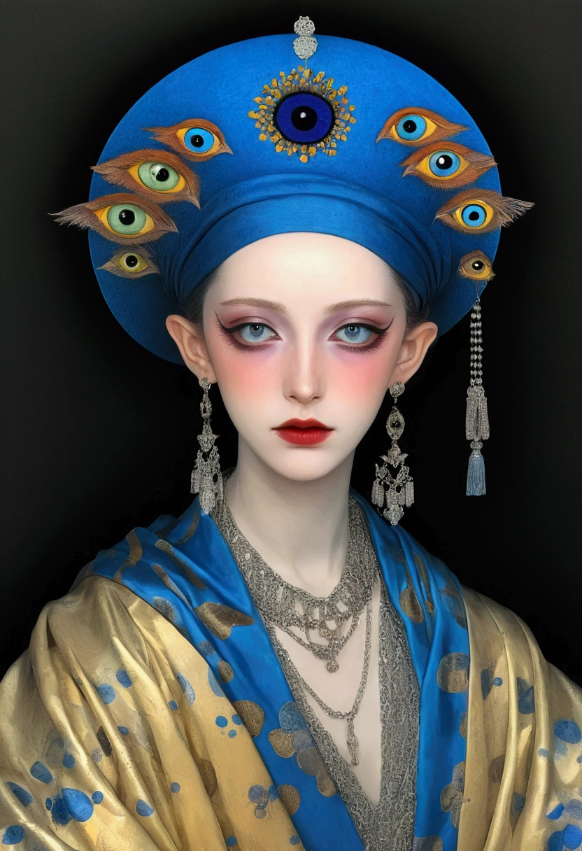 The art of math,Digital Illustration,Drawing,Decorative paintings,Watercolor,(((Harry Clark (Harry Clarke) style,圣地亚哥·卡鲁索style))),Simple,clean,Fine painting style,(((flattery,Many eyes on the hat。short hair,Pointed ears,robe,Off-shoulder))),Wide Angle,Black and blue,Solid color background,Human anatomy is correct