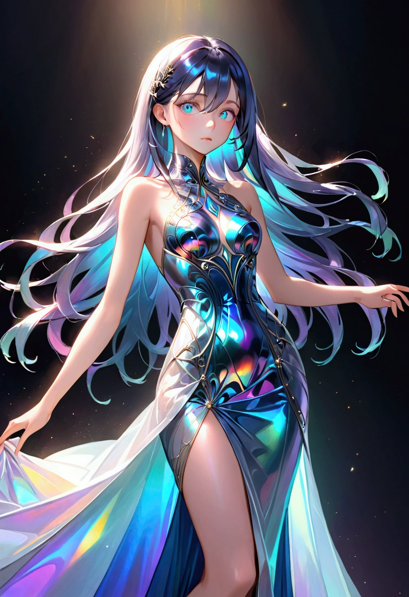 Long dark iridescent hair, expressive iridescent eyes,tall rectangular body figure,abbs,elegant dress,8k, best quality, high resolution. 