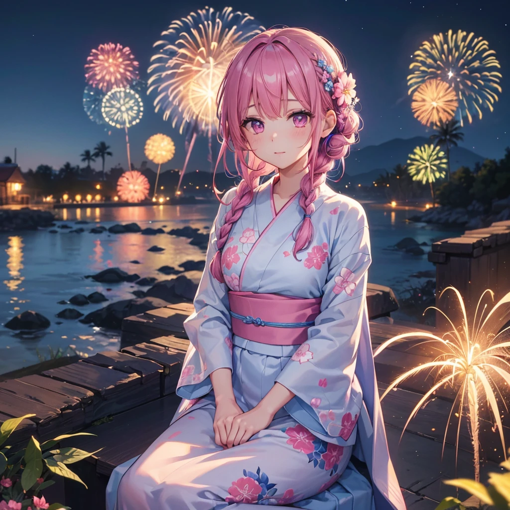 Sky Blue Medium Hair, (Braided Hair),(Pink Eyes),Fair skin ,(whole body),(1 girl)、Floral Yukata、summer night、Extra-large fireworks filling the night sky、Watching the fireworks while sitting next to each other、Straight bangs,(masterpiece, Highest quality, Very detailed, Best Shadow), (Detailed Background), (Beautifully detailed face), High Contrast, (Best lighting, Very delicate and beautiful), ((Cinematic Light)), colorful, Hyper Detail 8k, Dramatic Light, Intricate details,